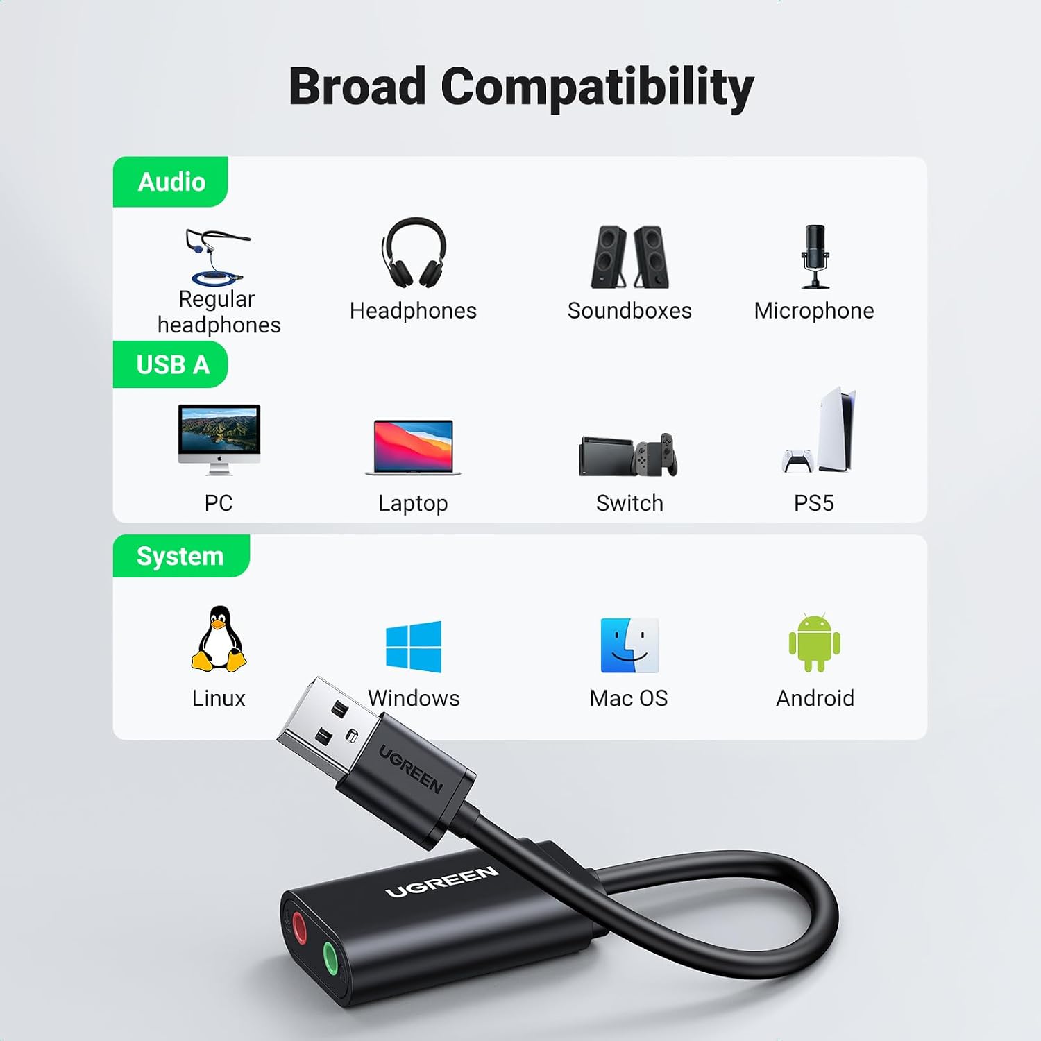UGREEN UGREEN USB Sound Card Adapter with TRS 3.5mm Headphone & Mics | USB to Aux 3.5mm External Audio Converter for Windows Mac Linux PC Laptops Desktops PS5 Switch 2 - Image 4