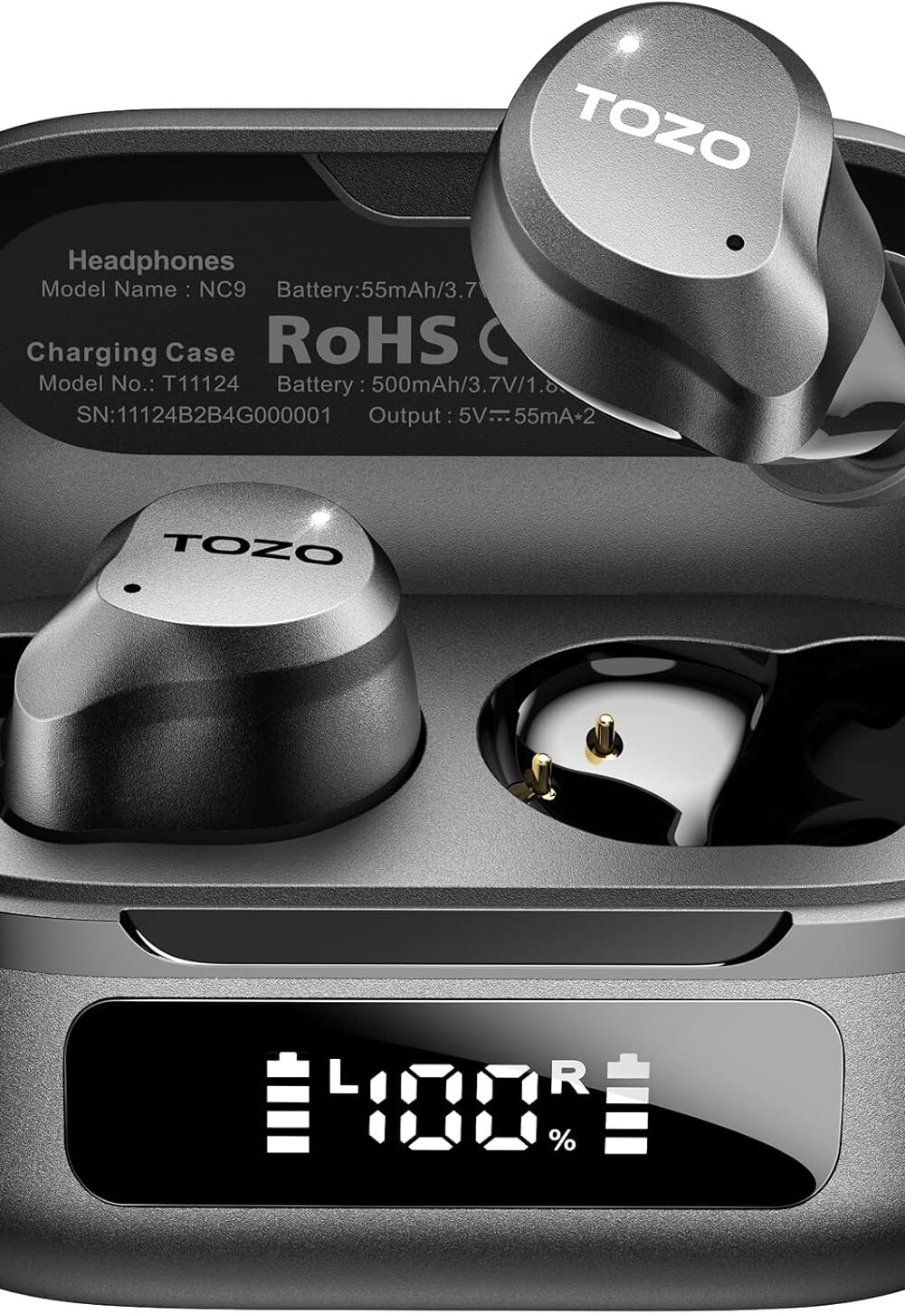 TOZO NC9 Hybrid Active Noise Cancelling Wireless Earbuds, 60H, LED Display | 6 Mic ENC Clear Calls, Deep Bass Sound, IPX8, in Ear Bluetooth 5.3 Headphones,32 EQs via APP, Comfort Fit Ear Buds, Black